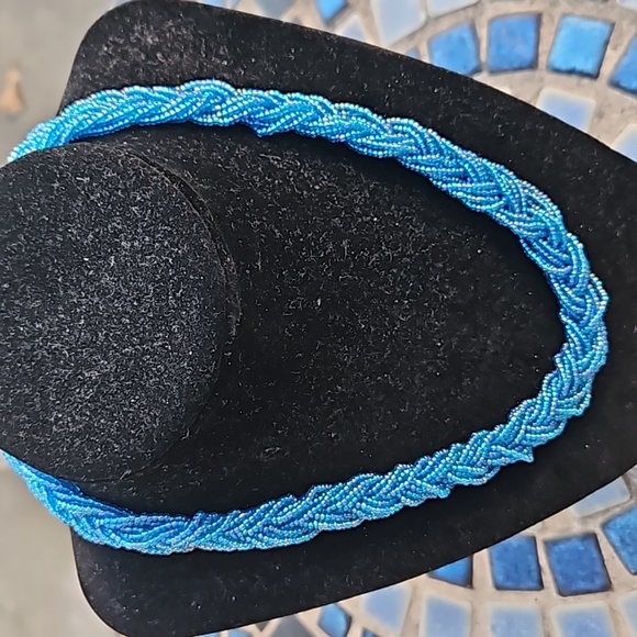 Vintage Seed Beads Necklace Braided Design Spring Ring Clasp Iridescent Blue OS - Picture 2 of 4